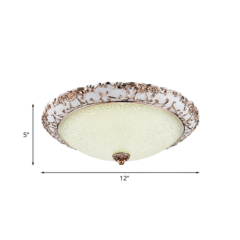 Traditional White Glass LED Flush Mount with Carved Trim – Bowl-Shaped Bedroom Beige Flushmount