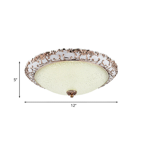 Traditional White Glass LED Flush Mount with Carved Trim – Bowl-Shaped Bedroom Beige Flushmount