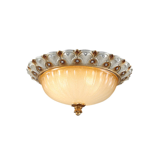 Traditionalist Yellow Glass Flush Mount Light Fixture - Bronze/White 3-Bulb Flushmount for Living Room