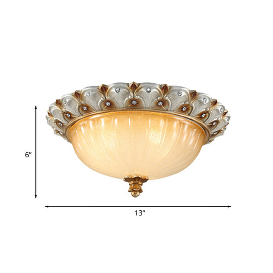 Traditionalist Yellow Glass Flush Mount Light Fixture - Bronze/White 3-Bulb Flushmount for Living Room