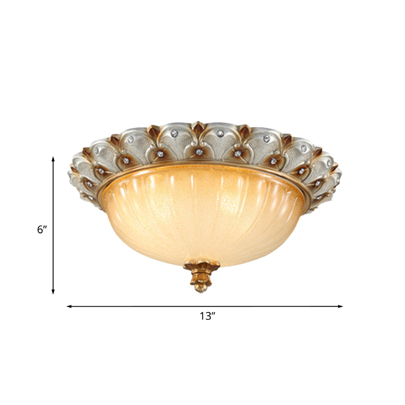 Traditionalist Yellow Glass Flush Mount Light Fixture - Bronze/White 3-Bulb Flushmount For Living