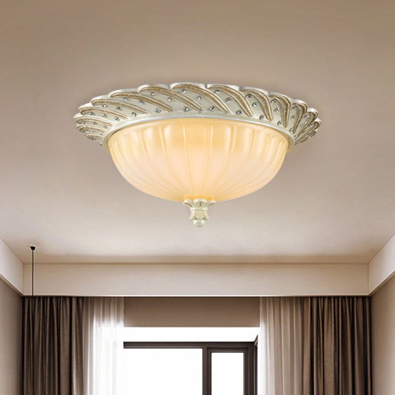 Traditionalist Yellow Glass Flush Mount Light Fixture - Bronze/White 3-Bulb Flushmount for Living Room