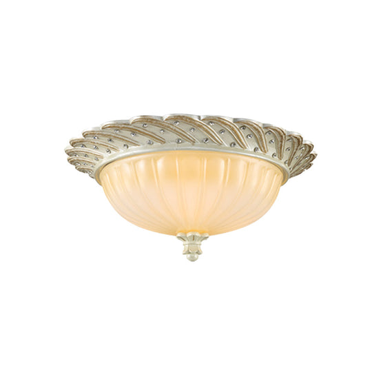 Traditionalist Yellow Glass Flush Mount Light Fixture - Bronze/White 3-Bulb Flushmount for Living Room
