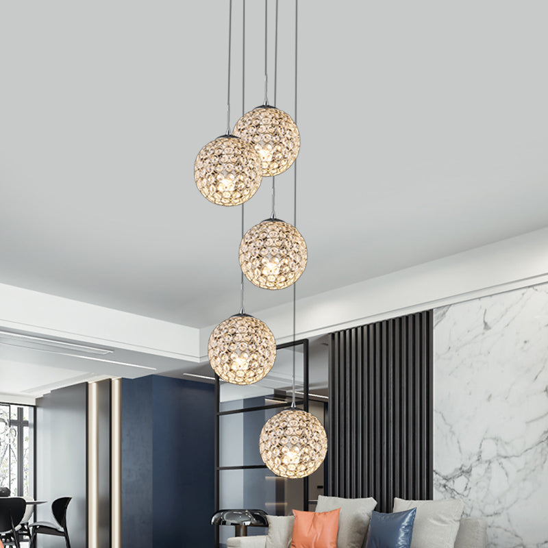 Cluster Pendant Ceiling Light With Crystal Embedded Chrome Finish - Modernist Design (3/5/6 Bulbs)