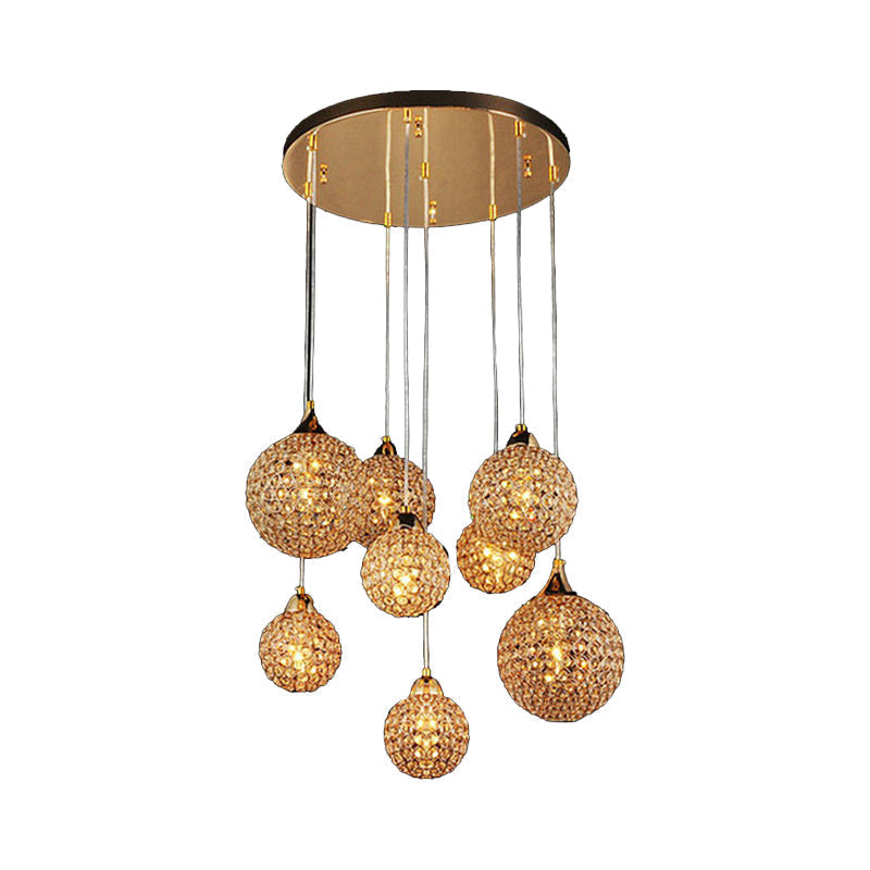 Simple Gold Dining Room Pendant With Crystal-Encrusted Globe Shade - 3/8 Heads Multi Light Kit