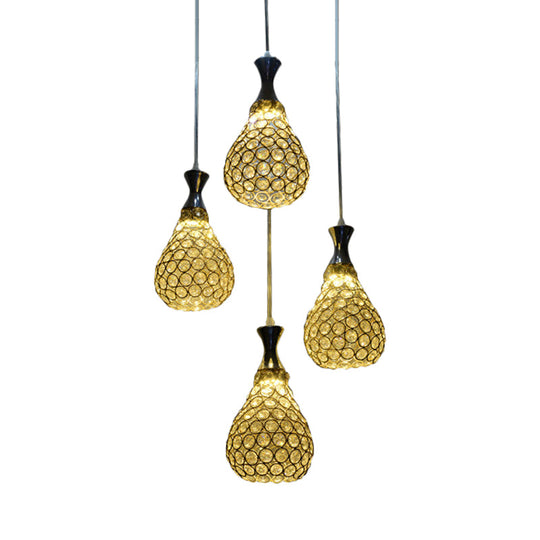 Suspension contemporaine en cristal en forme de larme avec 4 ampoules - Lampe à suspension chromée/dorée pour salle à manger