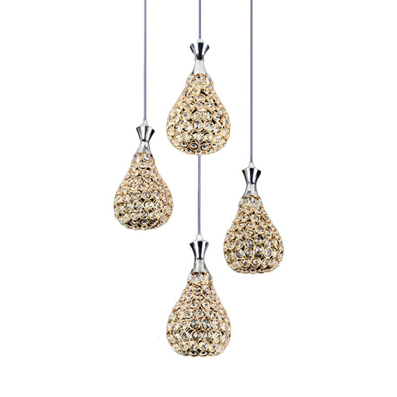 Suspension contemporaine en cristal en forme de larme avec 4 ampoules - Lampe à suspension chromée/dorée pour salle à manger