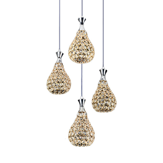 Suspension contemporaine en cristal en forme de larme avec 4 ampoules - Lampe à suspension chromée/dorée pour salle à manger