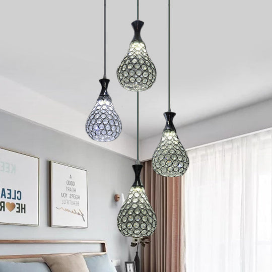 Suspension contemporaine en cristal en forme de larme avec 4 ampoules - Lampe à suspension chromée/dorée pour salle à manger