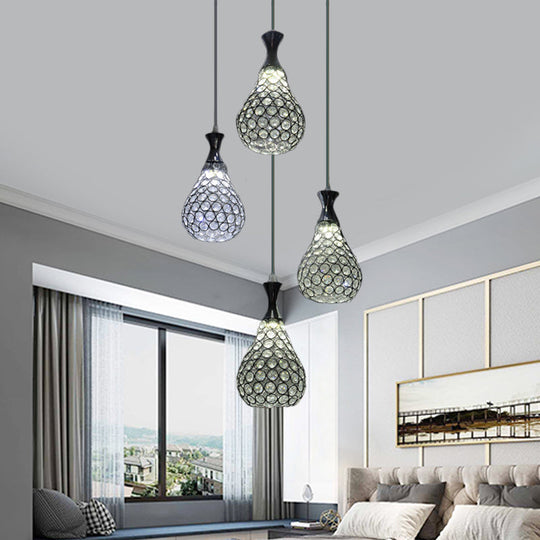 Suspension contemporaine en cristal en forme de larme avec 4 ampoules - Lampe à suspension chromée/dorée pour salle à manger