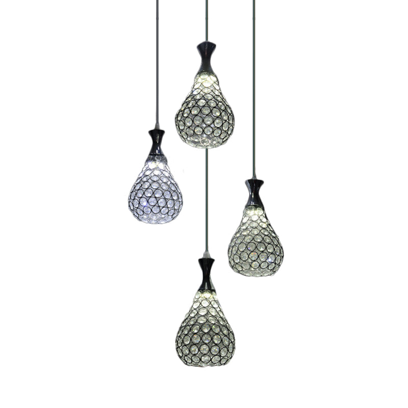 Suspension contemporaine en cristal en forme de larme avec 4 ampoules - Lampe à suspension chromée/dorée pour salle à manger