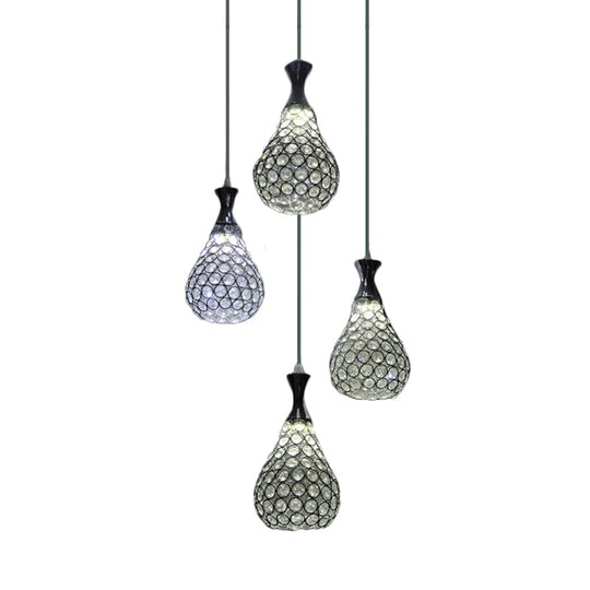 Suspension contemporaine en cristal en forme de larme avec 4 ampoules - Lampe à suspension chromée/dorée pour salle à manger