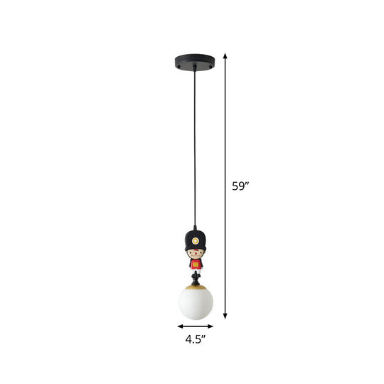 Soldier Decorated Black Pendant Lamp: Globe Glass Hanging Light With Cartoon Theme