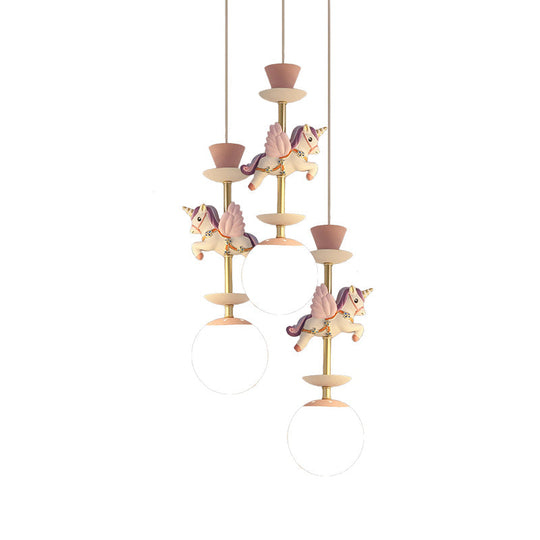 Cartoon Cluster Pendant: Globe Bedroom Ceiling Light In Pink/Blue - Glass 3/5 Heads