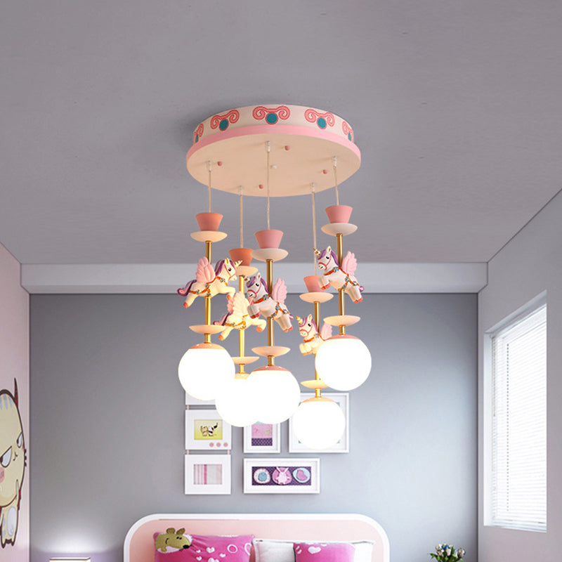 Cartoon Cluster Pendant: Globe Bedroom Ceiling Light In Pink/Blue - Glass 3/5 Heads
