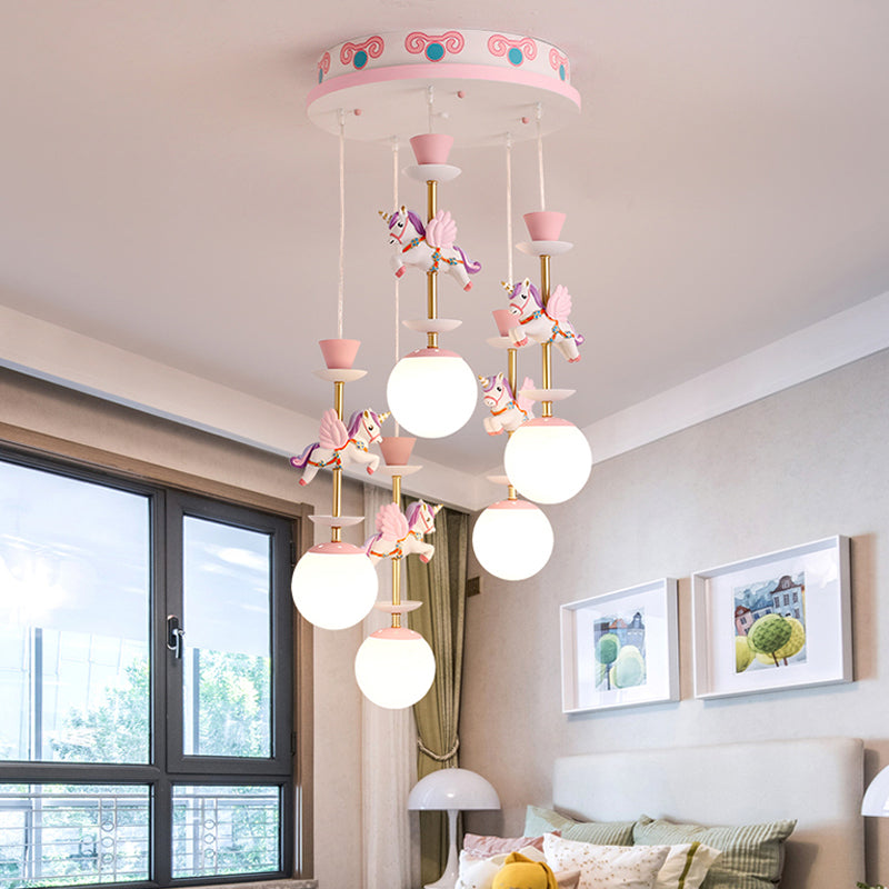 Cartoon Cluster Pendant: Globe Bedroom Ceiling Light In Pink/Blue - Glass 3/5 Heads