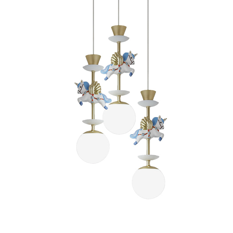 Cartoon Cluster Pendant: Globe Bedroom Ceiling Light In Pink/Blue - Glass 3/5 Heads