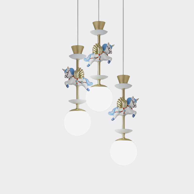 Cartoon Cluster Pendant: Globe Bedroom Ceiling Light In Pink/Blue - Glass 3/5 Heads