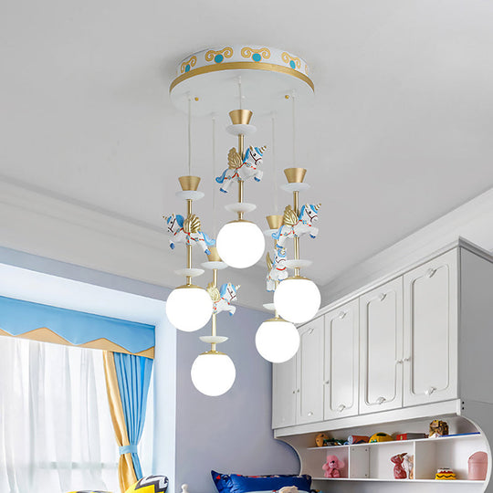 Cartoon Cluster Pendant: Globe Bedroom Ceiling Light In Pink/Blue - Glass 3/5 Heads 5 / Blue