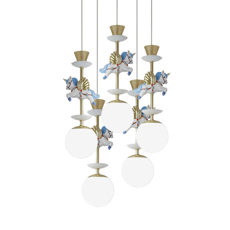 Cartoon Cluster Pendant: Globe Bedroom Ceiling Light In Pink/Blue - Glass 3/5 Heads