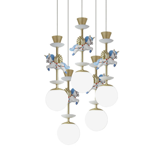 Cartoon Cluster Pendant: Globe Bedroom Ceiling Light In Pink/Blue - Glass 3/5 Heads