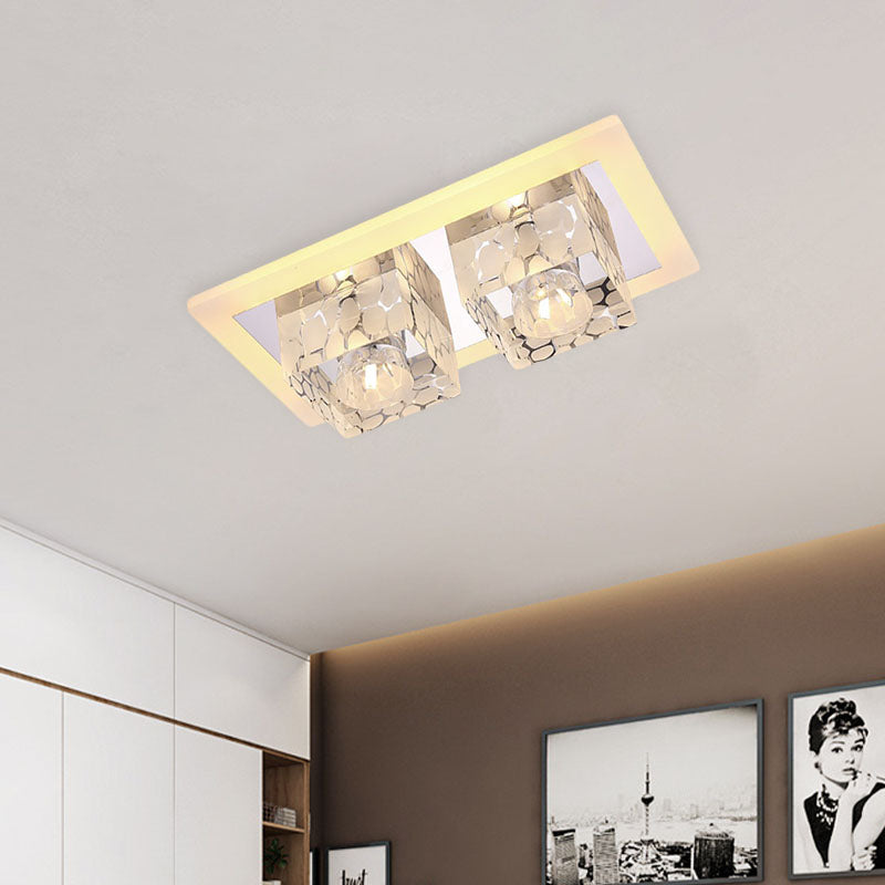 Minimalist LED Double Square Flushmount in Chrome with Crystal Dot Pattern - Warm/White Light for Corridor Ceiling