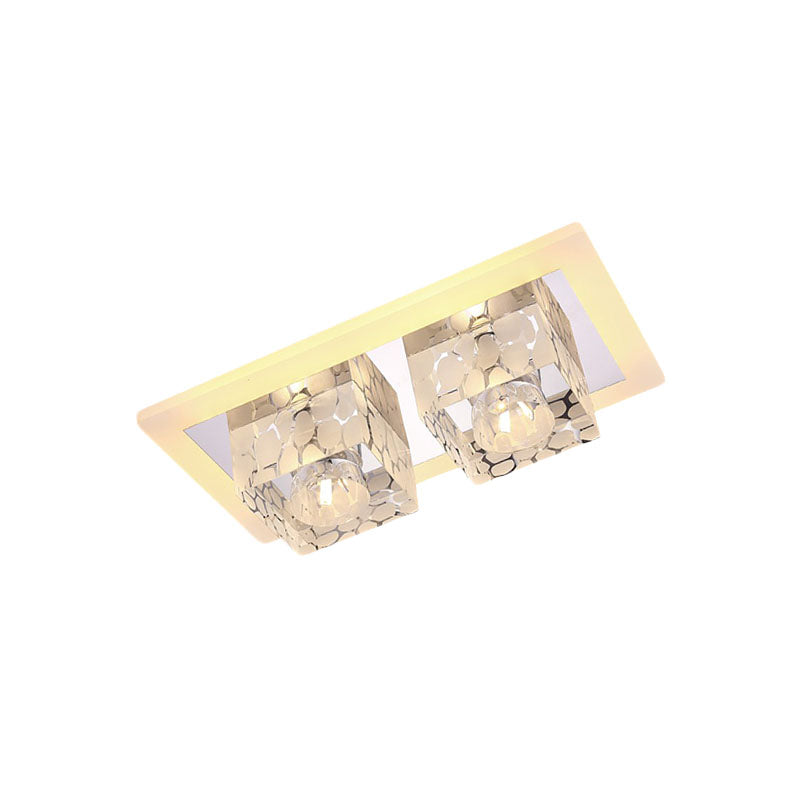 Minimalist LED Double Square Flushmount in Chrome with Crystal Dot Pattern - Warm/White Light for Corridor Ceiling
