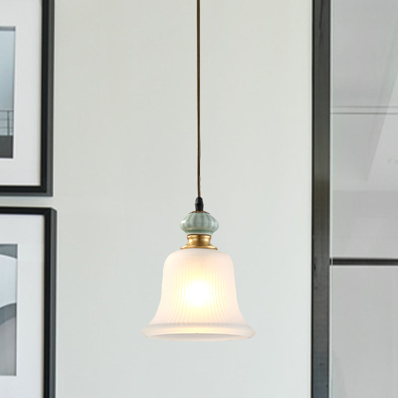 Traditional Bell White Glass Pendant Light With Ceramic Cap - Ideal For Restaurants 1 Bulb Hanging