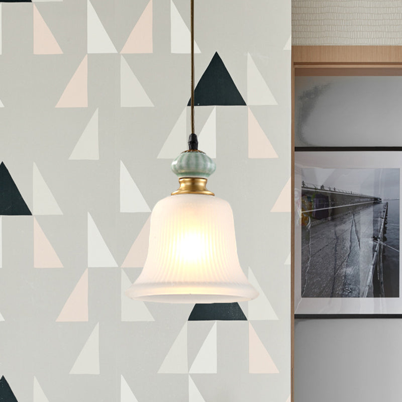 Traditional Bell White Glass Pendant Light With Ceramic Cap - Ideal For Restaurants 1 Bulb Hanging