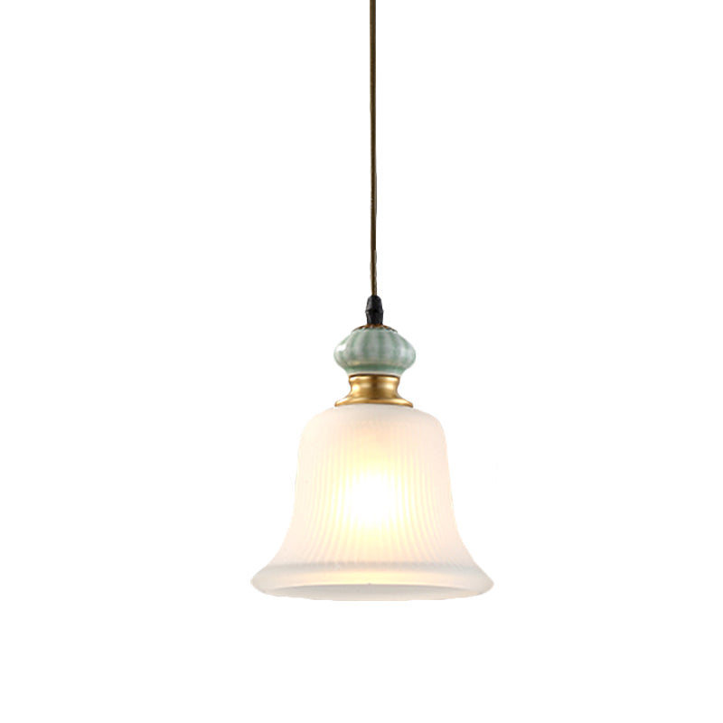 Traditional Bell White Glass Pendant Light With Ceramic Cap - Ideal For Restaurants 1 Bulb Hanging
