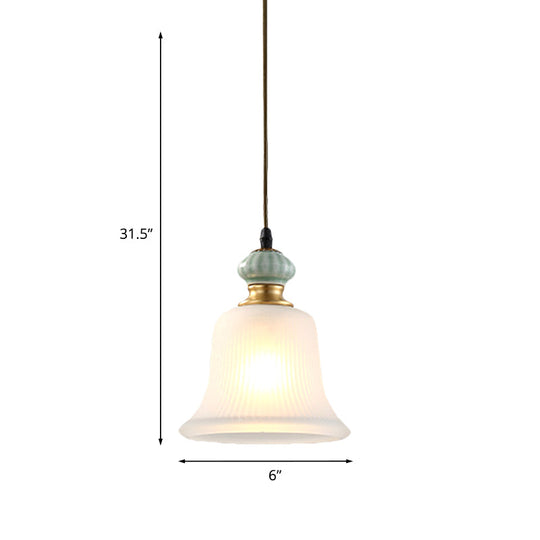 Traditional Bell White Glass Pendant Light With Ceramic Cap - Ideal For Restaurants 1 Bulb Hanging