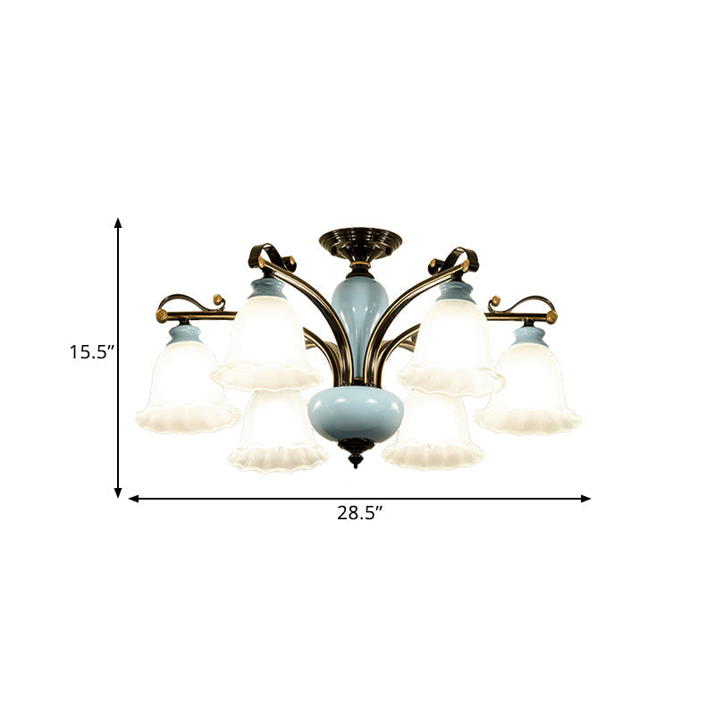 Plafonnier semi-encastré traditionnel en verre blanc à fleurs - Lampe de chambre (6/8 têtes)