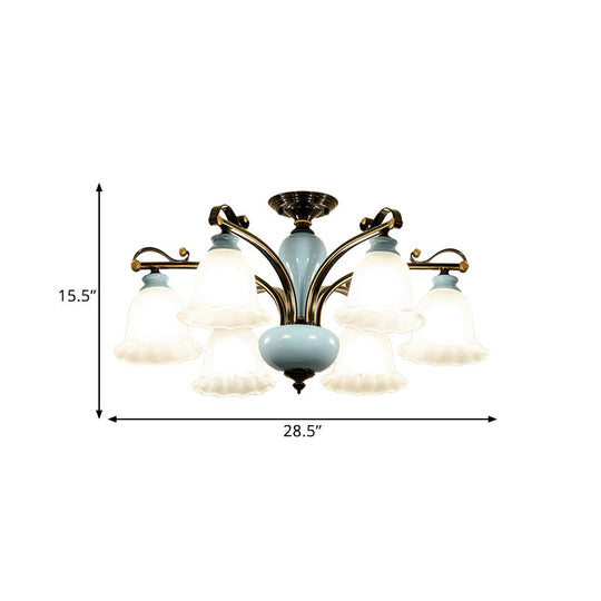 Plafonnier semi-encastré traditionnel en verre blanc à fleurs - Lampe de chambre (6/8 têtes)