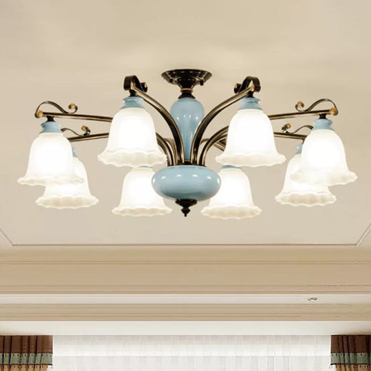 Plafonnier semi-encastré traditionnel en verre blanc à fleurs - Lampe de chambre (6/8 têtes)