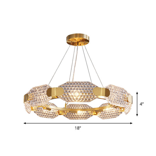 Gold Crystal Chandelier - Simple Style 6 Lights Bedroom Hanging Lamp Kit With Octangular Panel
