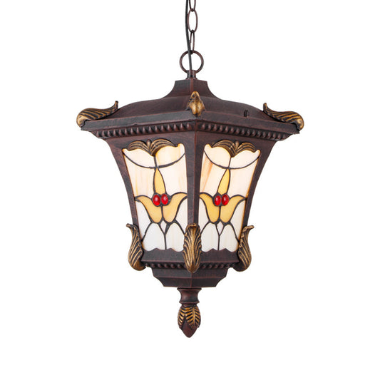 Traditional Metal Pendant Lamp With Rust/Bronze Finish - 1-Head Ceiling Fixture Flower Pattern