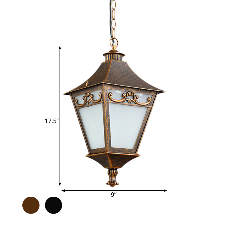 Rustic White Glass Lantern Hanging Ceiling Light - Black/Bronze Single Bulb Pendant For Corridor