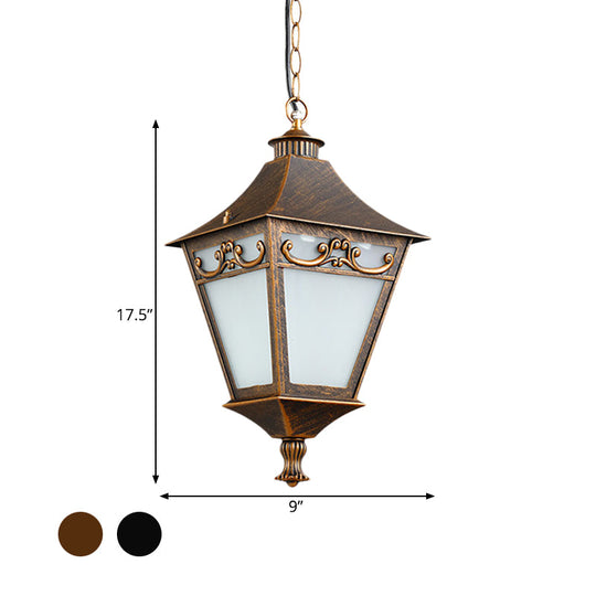 Rustic White Glass Lantern Hanging Ceiling Light - Black/Bronze Single Bulb Pendant For Corridor