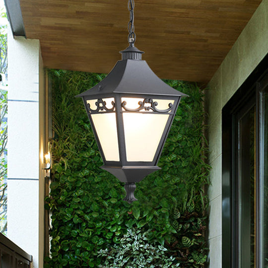 Rustic White Glass Lantern Hanging Ceiling Light - Black/Bronze Single Bulb Pendant For Corridor