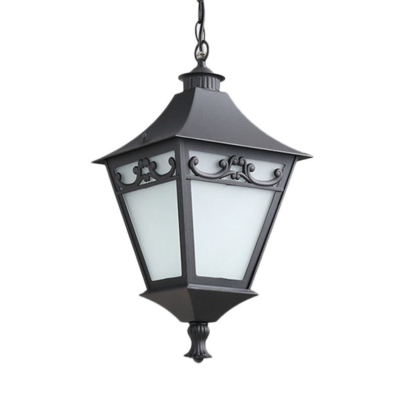 Rustic White Glass Lantern Hanging Ceiling Light - Black/Bronze Single Bulb Pendant For Corridor