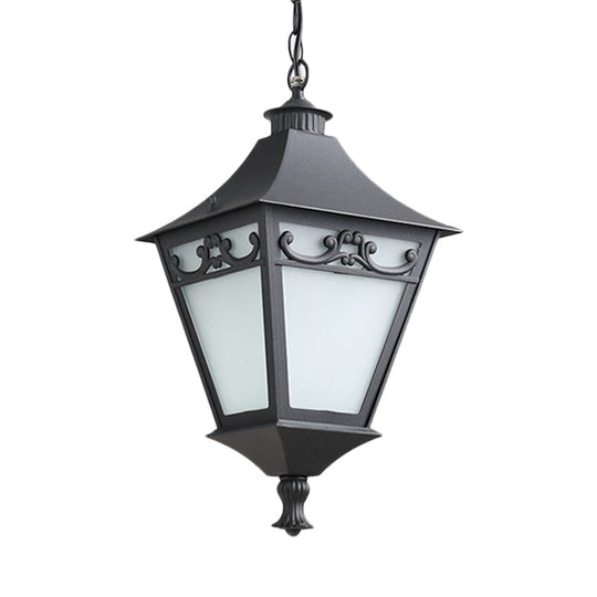 Rustic White Glass Lantern Hanging Ceiling Light - Black/Bronze Single Bulb Pendant For Corridor