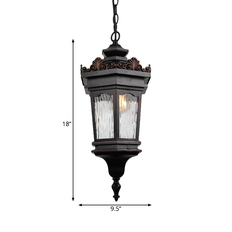 Classic Water Glass Lantern Pendant Ceiling Light In Black - 1 Head Down Lighting For Corridors