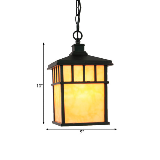 Traditional Frosted Glass Lantern Pendant: 1-Light Black Suspension Light For Corridors