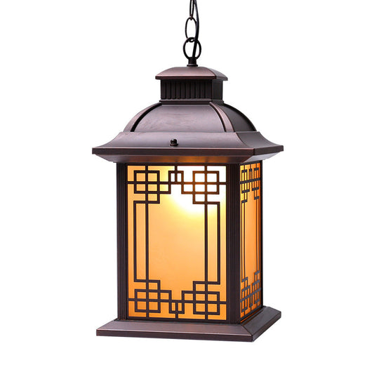 Lodge Lantern Pendant Light - Yellow Glass Down Lighting In Coffee For Outdoor Use