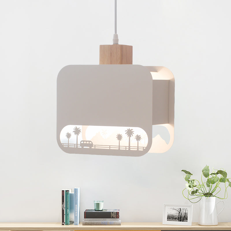 Nordic Style Wood And White Kids Bedroom Hanging Light Kit With Etched Iron Shade