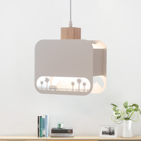 Nordic Style Wood And White Kids Bedroom Hanging Light Kit With Etched Iron Shade