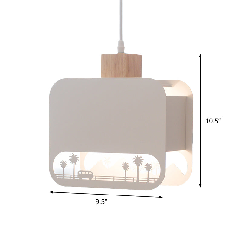 Nordic Style Wood And White Kids Bedroom Hanging Light Kit With Etched Iron Shade