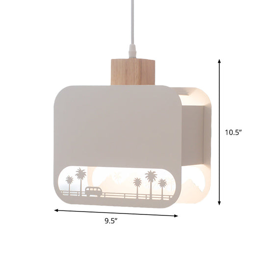 Nordic Style Wood And White Kids Bedroom Hanging Light Kit With Etched Iron Shade