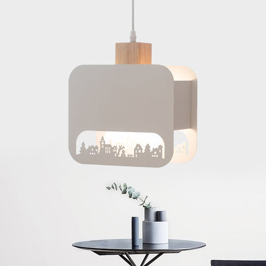 Nordic Style Wood And White Kids Bedroom Hanging Light Kit With Etched Iron Shade