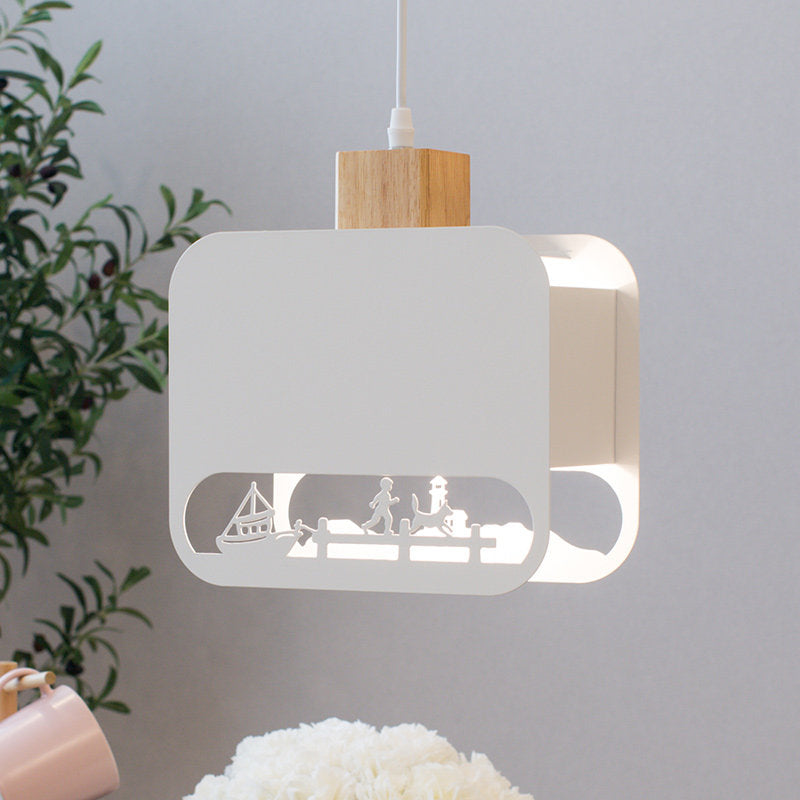 Nordic Style Wood And White Kids Bedroom Hanging Light Kit With Etched Iron Shade